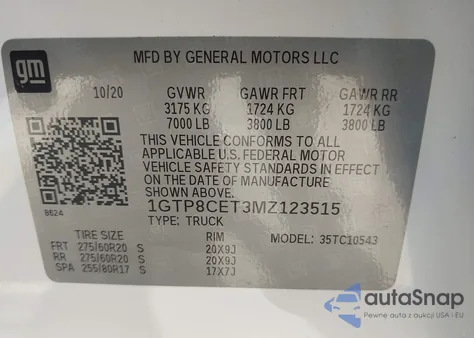 2021 GMC Sierra 1500 2Wd Short Box Elevation из США, поврежденный, VIN 1GTP8CET3MZ123515